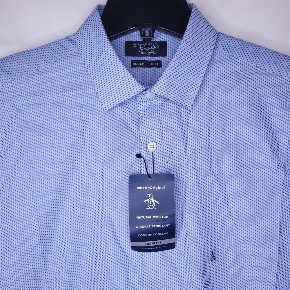 Penguin Dress Shirt Mens 16 Blue Heritage Slim Fit 34/35 Dobby NWT